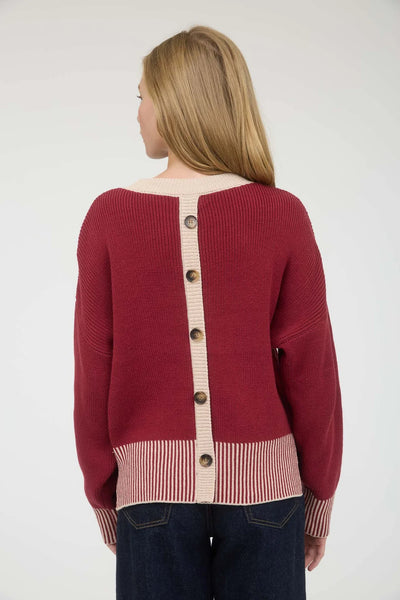 Contrast Hem Button Back Sweater in Burgundy