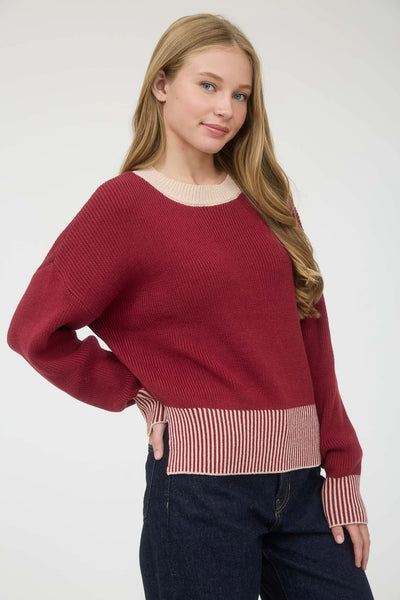 Contrast Hem Button Back Sweater in Burgundy