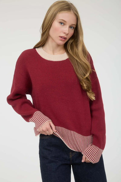 Contrast Hem Button Back Sweater in Burgundy