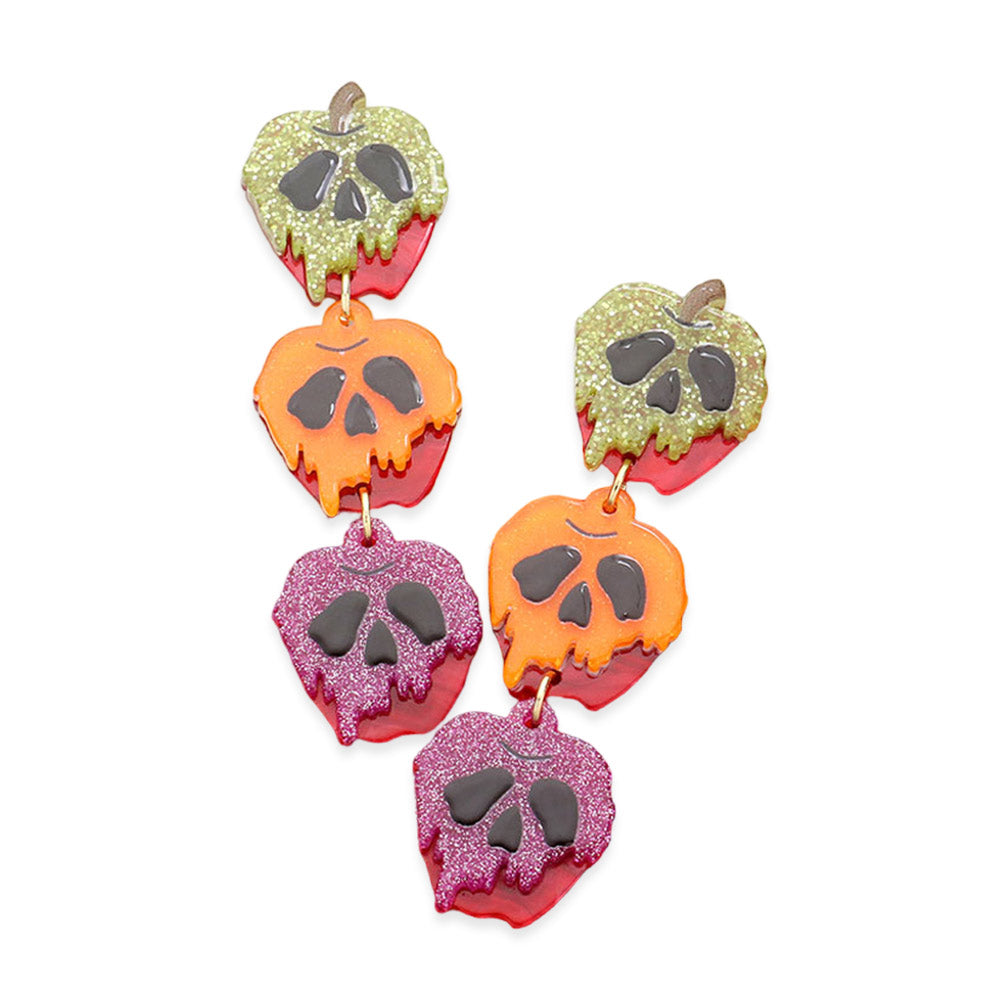 Glittered Triple Apple Skull Earrings