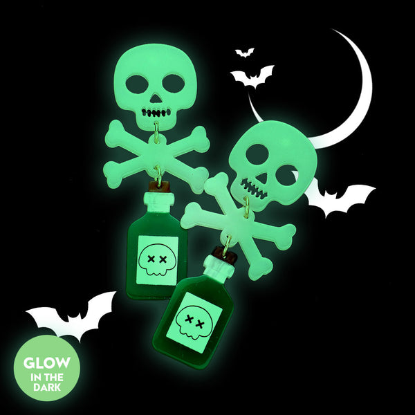 Glow in The Dark Skull Bone Poison Bottle Earrings