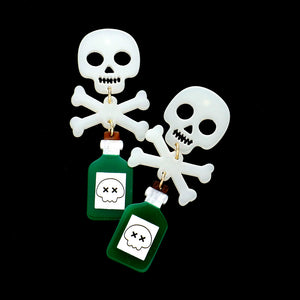 Glow in The Dark Skull Bone Poison Bottle Earrings