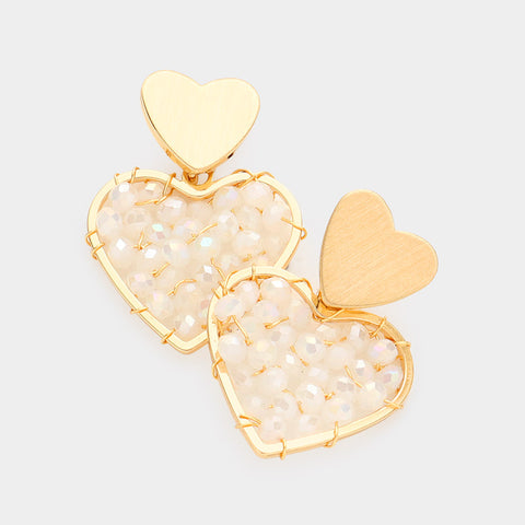 Bead Wrapped Heart Earrings Ivory Combo