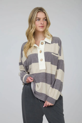 Washed Long Sleeve Stripe Top in Charcoal