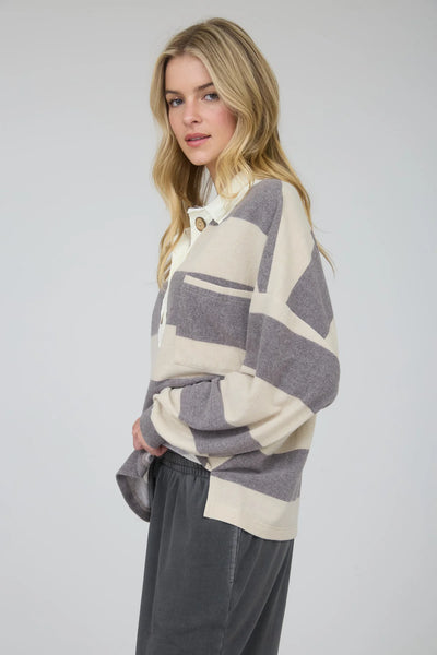 Washed Long Sleeve Stripe Top in Charcoal