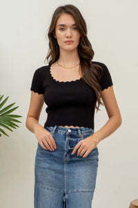 Scalloped Edge Cropped Top in Black