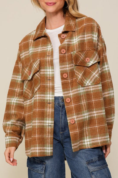 Oversize Plaid Print Shacket in Camel