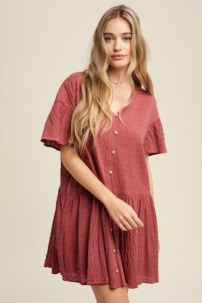 Crinkle Button Detail Dress in Deep Rose