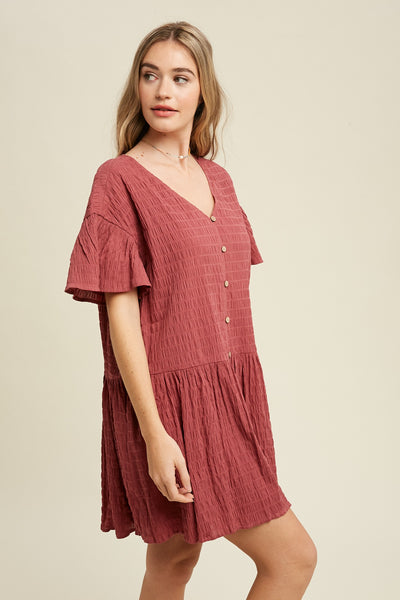 Crinkle Button Detail Dress in Deep Rose
