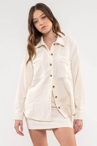 Corduroy Button Up Shacket in Oatmeal