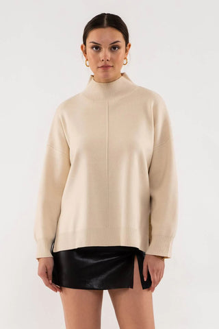 Mock Neck Seam Front Sweater in Cream