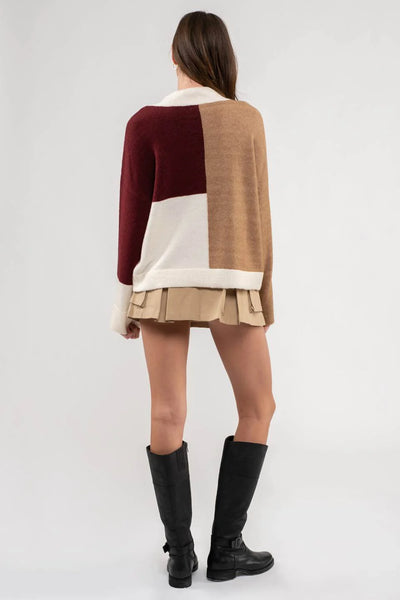 Mock Neck Colour Block Sweater in Rosewood