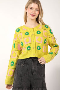 Floral Crochet Cropped Cardigan in Avocado
