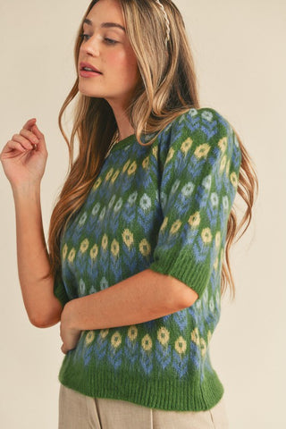 Floral Pattern Puff Sleeve Sweater in Green