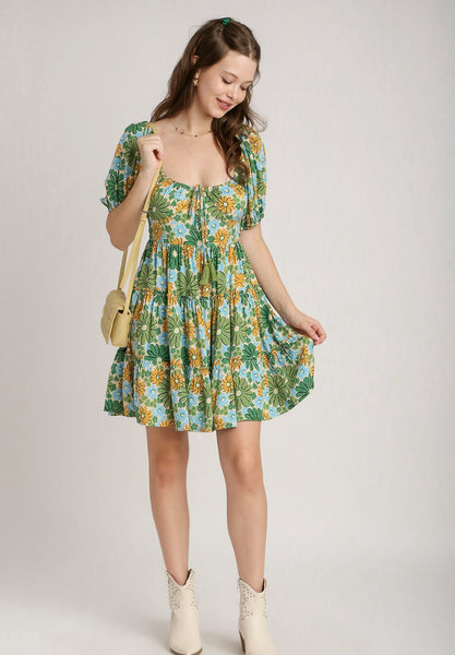Floral Print Puff Sleeve Dress in Green