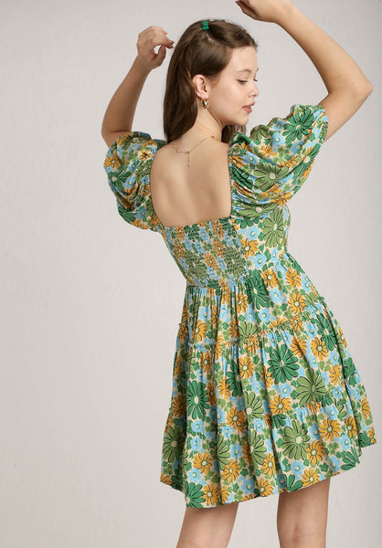 Floral Print Puff Sleeve Dress in Green