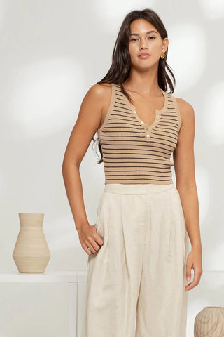 Stripe Sleeveless Henley Top in Taupe Combo
