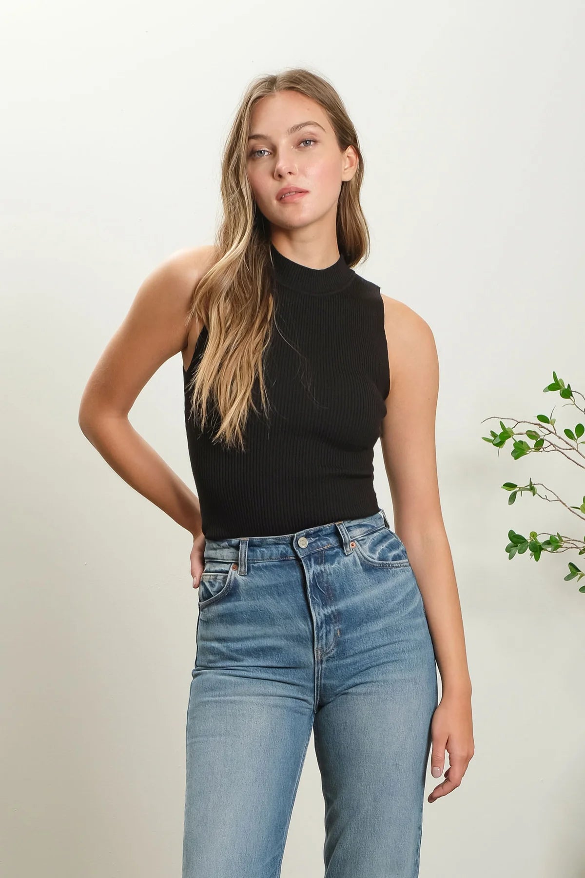 Sleeveless Mock Neck Knit Top in Black Milk Shop Ottawa Canada