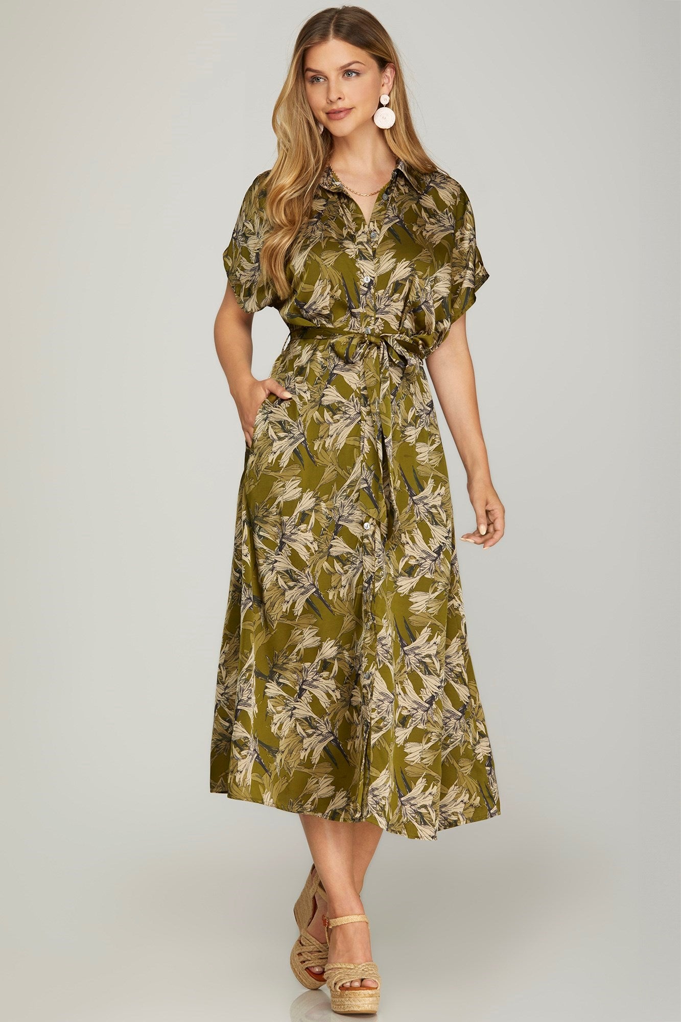 Floral Print Button Down Midi Dress in Olive