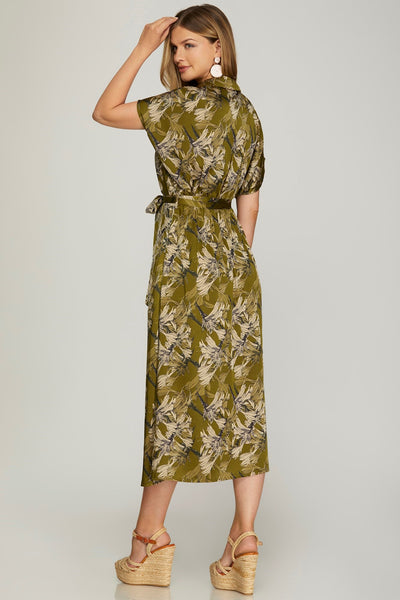 Floral Print Button Down Midi Dress in Olive