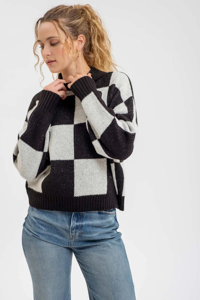 Checkered Knit Sweater in Black Combo