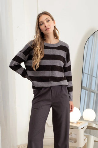 Stripe Long Sleeve Sweater in Grey Combo