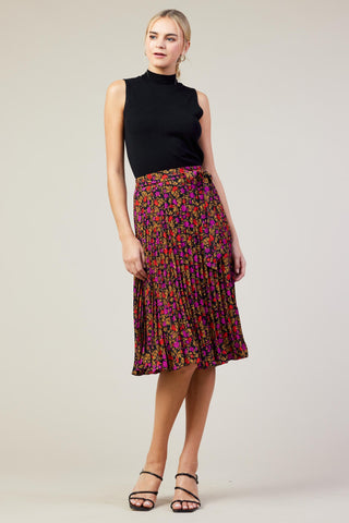 Pleated Print Midi Skirt in Black Combo