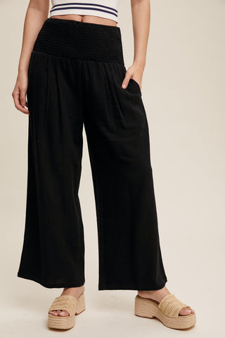 Smocked Waist Linen Blend Pants in Black