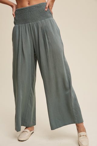 Smocked Waist Linen Blend Pants in Sage