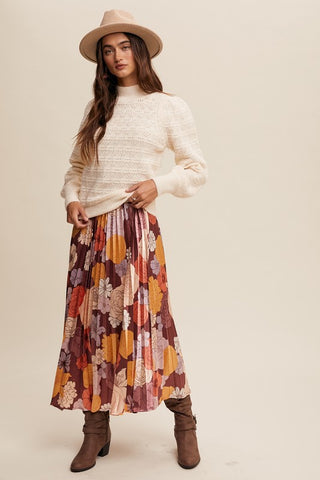 Floral Print Pleated Maxi Skirt in Burgundy