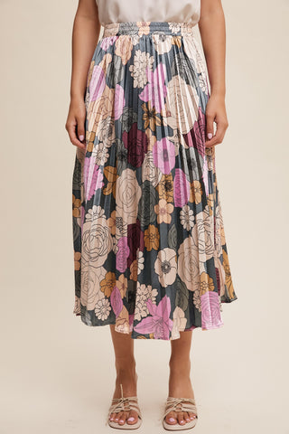 Floral Print Pleated Maxi Skirt in Teal