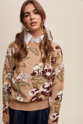 Floral Pattern Knit Sweater in Taupe Combo