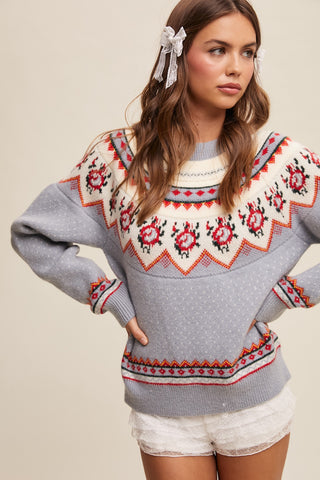 Vintage Pattern Sweater in Dusty Blue Combo