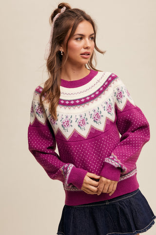 Vintage Pattern Sweater in Magenta Combo