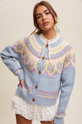 Vintage Pattern Knit Cardigan in Powder Blue