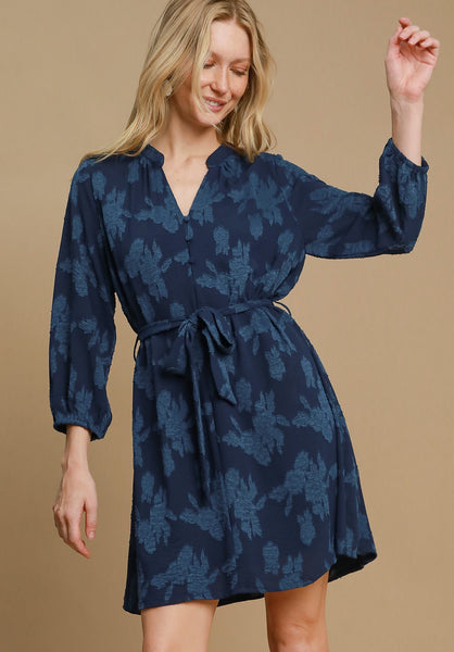 Textured Floral Mini Dress in Navy