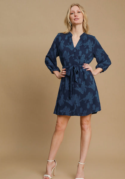 Textured Floral Mini Dress in Navy