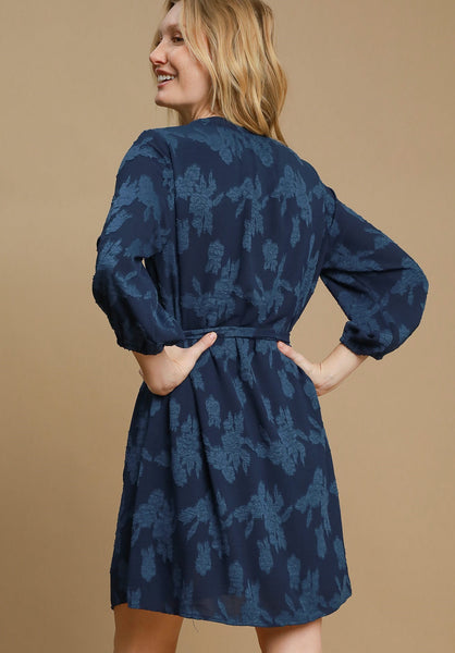 Textured Floral Mini Dress in Navy