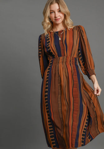 Long Sleeve Abstract Print Dress in Brown