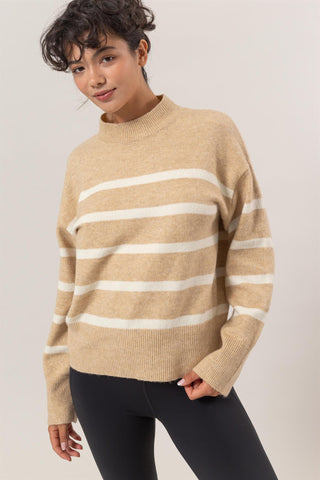 Striped Mock Neck Sweater in Taupe