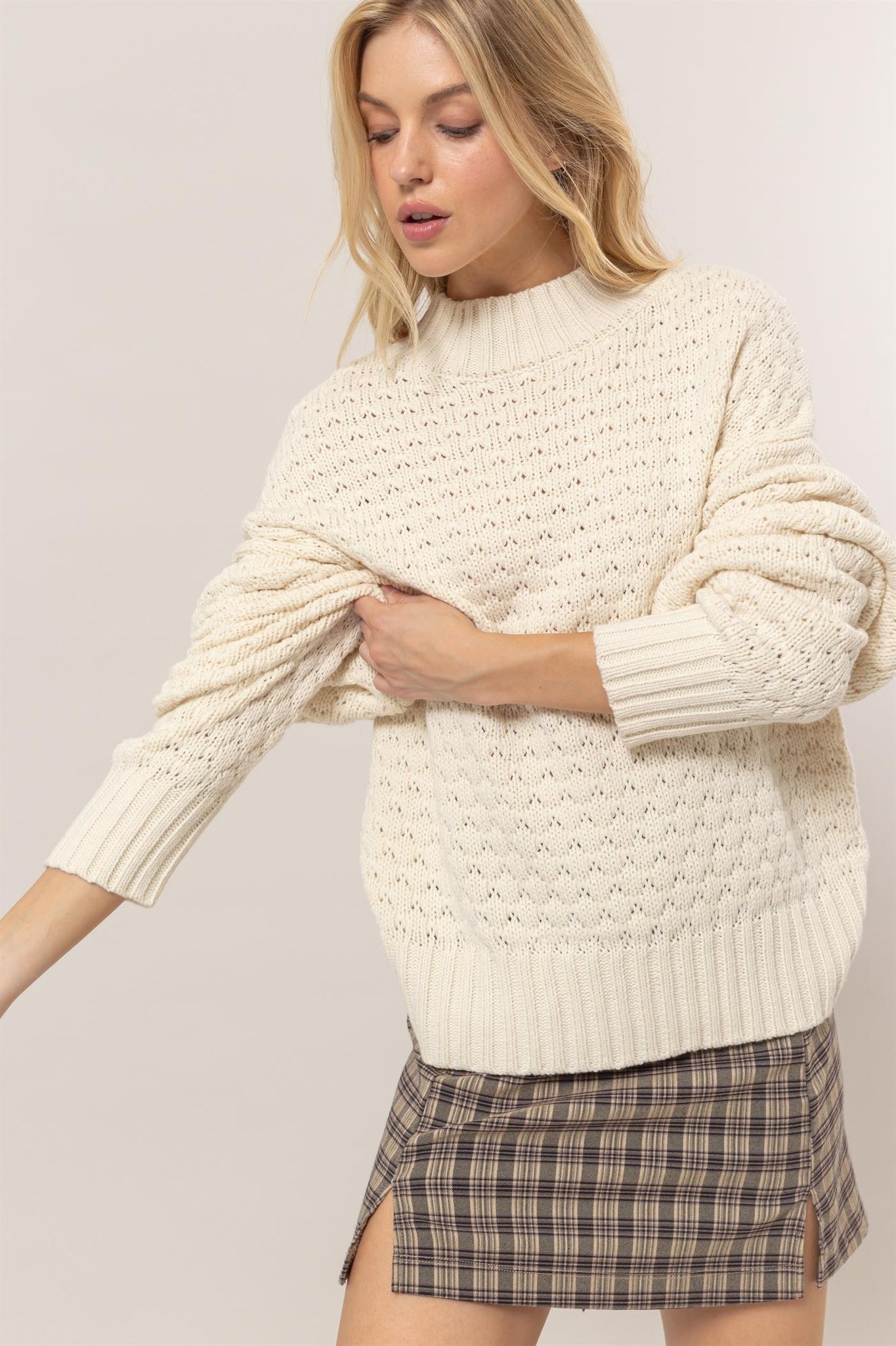 Textured High Neck Sweater in Cream