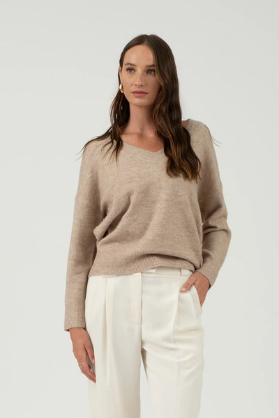 V-Neck Knit Sweater in Taupe