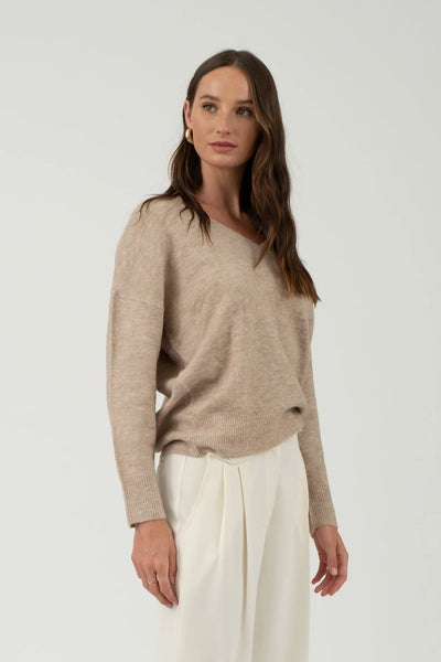 V-Neck Knit Sweater in Taupe