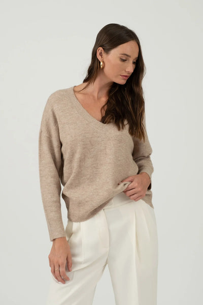 V-Neck Knit Sweater in Taupe