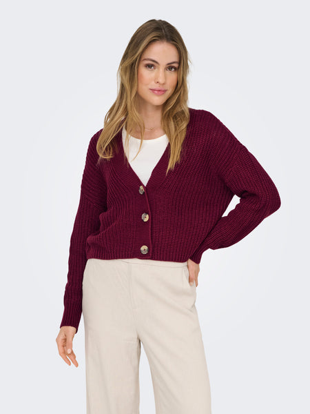 V-Neck Knit Cardigan in Cabernet