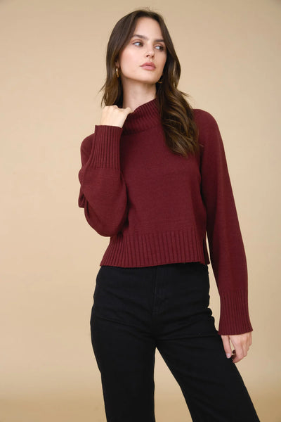 Mock Neck Cropped Sweater in Wine