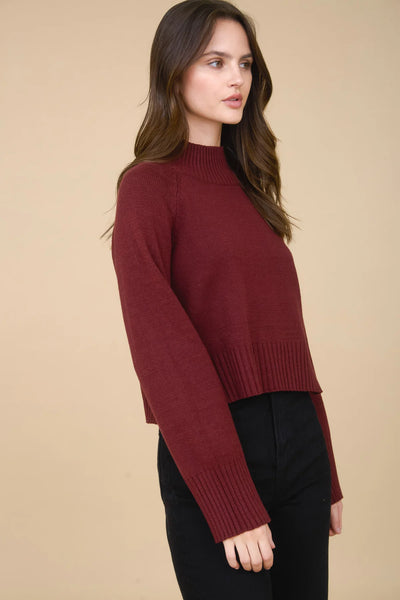 Mock Neck Cropped Sweater in Wine