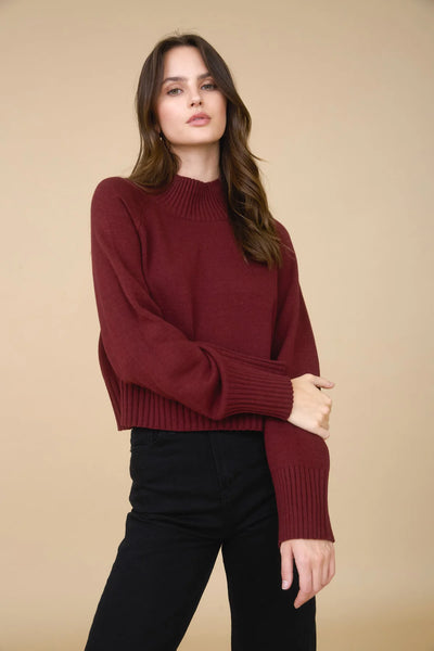 Mock Neck Cropped Sweater in Wine