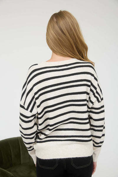 Front Seam Striped Sweater in Cream Combo