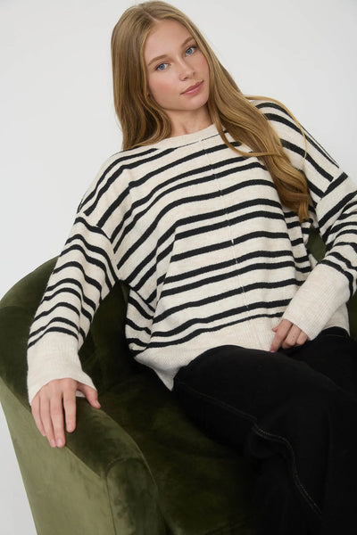 Front Seam Striped Sweater in Cream Combo